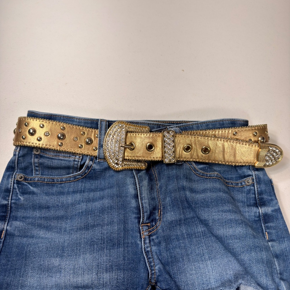 Kathy Van Zeeland Gold Metallic Rhinestone Studded Western Belt Y2K Small